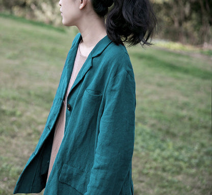 spring and autumn retro literary and artistic solid color linen lapel cotton and linen loose casual suit short jacket