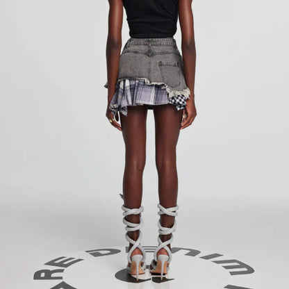 2025n trendy brand Spice Girl personalized style denim splicing plaid rough edge A-word skirt versatile design short skirt women