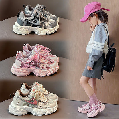 flowersverse Children's Mesh Sneaker  Spring and Autumn New Boys' Solid Color Dad Shoes Girls' Medium and Large Children's Running Shoes Tide