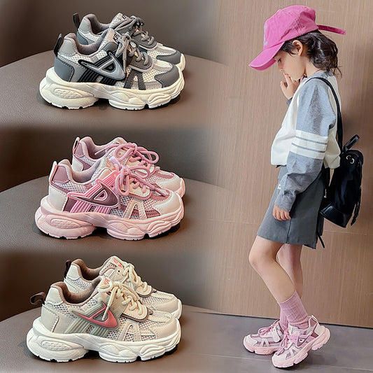 flowersverse Children's Mesh Sneaker  Spring and Autumn New Boys' Solid Color Dad Shoes Girls' Medium and Large Children's Running Shoes Tide