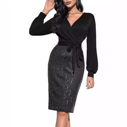 FLOWERSVERSE 2025New   Black Gold Double Spell Solid Color Temperament Commuter High Waist Fashion Sequin Dress
