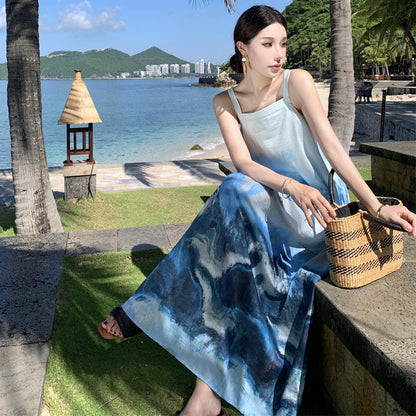 2025 New Chinese retro ink painting smudge suspender dress women's summer Chinese style temperament seaside vacation beach dress