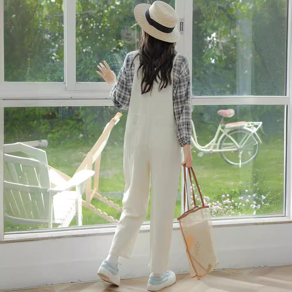 flowersverse Spring and Summer New Korean Style Preppy Style Almond White Cute Youth-Looking Loose Pockets Denim Suspender Trousers Women