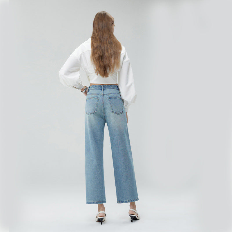 2025 In the autumn of , 2025n pure and elegant minimalist style shows high and thin wide-leg pants, women's high-waisted denim nine-point pants
