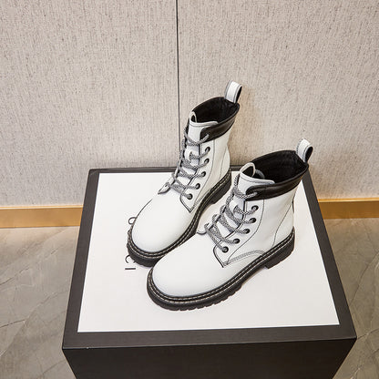 2025 autumn new white lace-up short boots thick-soled round-headed women's boots spring and autumn single boots Martin boots summer thin