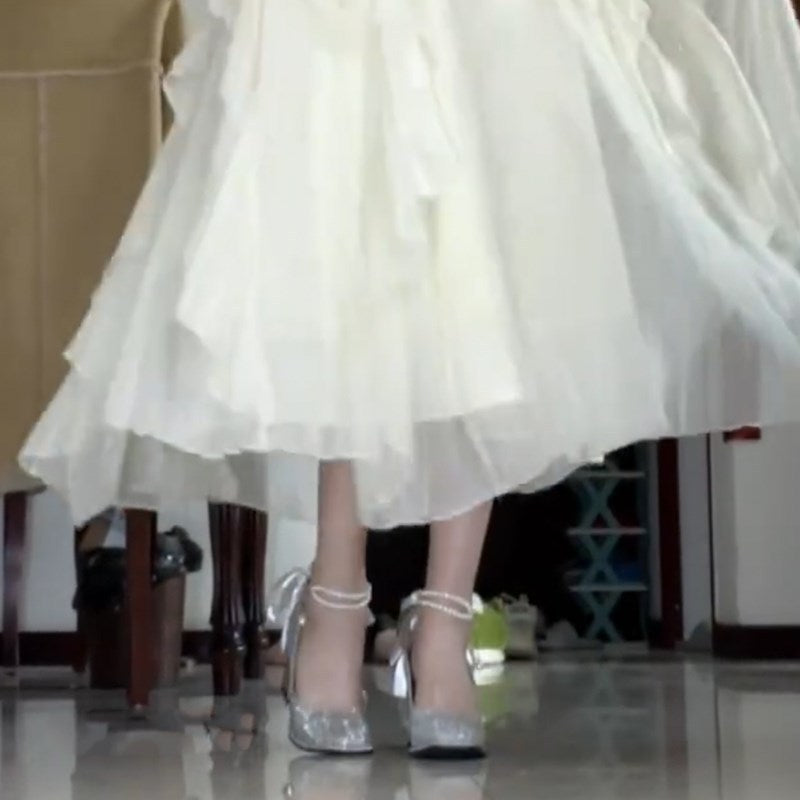 2025  silver dress high heels women's thick heel popular new 18-year-old bar mitzvah crystal main wedding dress bridal wedding shoes