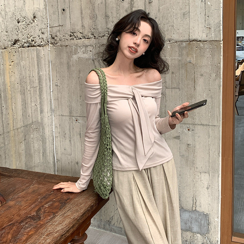 2025 Thirteen Lines  Spring New Korean Version Temperament Versatile Shoulder Knitted Sweater Long Sleeve Top 89300