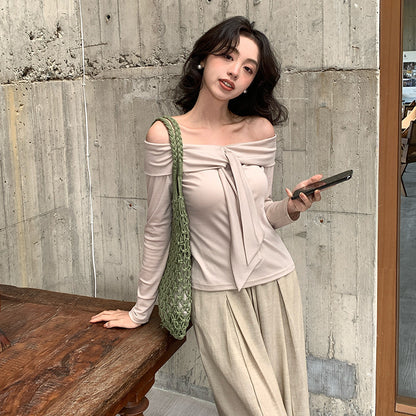 2025 Thirteen Lines  Spring New Korean Version Temperament Versatile Shoulder Knitted Sweater Long Sleeve Top 89300