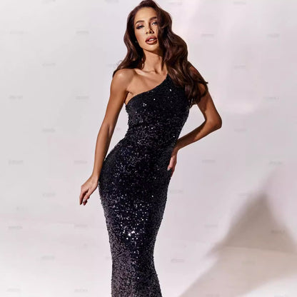 FLOWERSVERSE 2025  Black Long Dress Chest Wrap European Station Sequin Temperament Commuter Solid Color High Waist Dress Dress