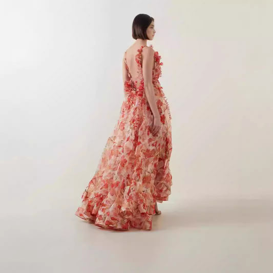 FLOWERSVERSE popular new spring and summer off-the-shoulder V-neck women's clothing suspender printing fairy long temperament evening dress big swing dress