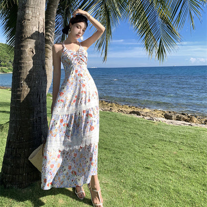 2025 Coffee break  vacation style beautiful waist dress seaside photo atmosphere floral neck suspender dress women