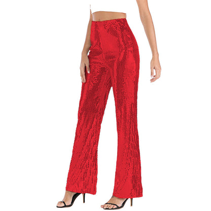 FLOWERSVERSE  X8077 European and American Independent Station Cross-Border Women's Clothing Sexy Nightclub See-through Sequins Loose Flared Pants with Lining