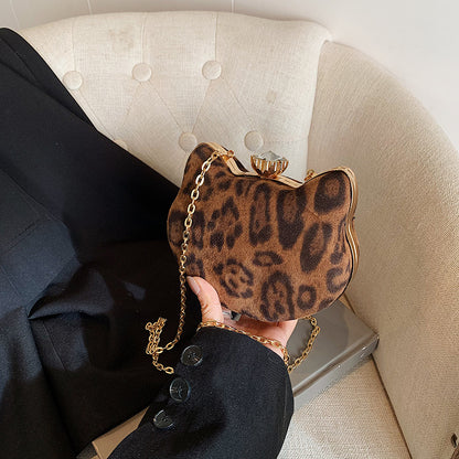 FLOWERSVERSE 2025 Niche design fashionable leopard print cat head small bag women's popular winter new light luxury shoulder bag tide chain messenger bag