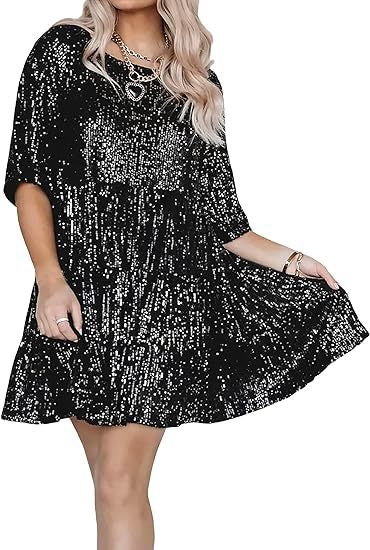 FLOWERSVERSE 2025 new sequined shiny round neck short-sleeved A-shaped loose and elegant waist party concert dress