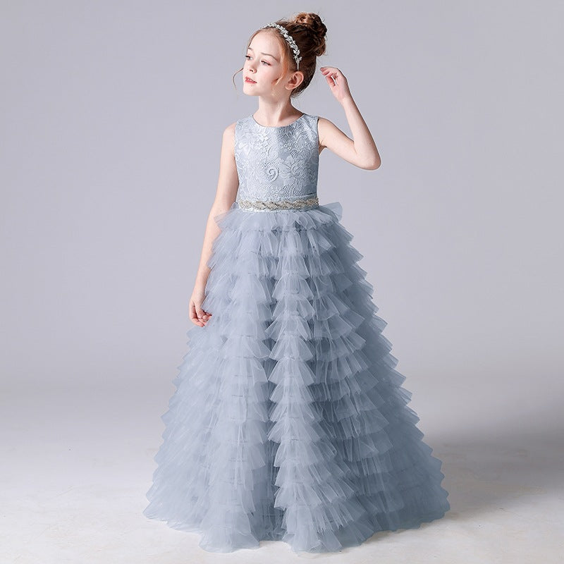 flowersverse Fairy Beautiful Cake Dress Girls' Dress Costume for Piano Performance Princess Style Dress Host Costume Summer Sleeveless