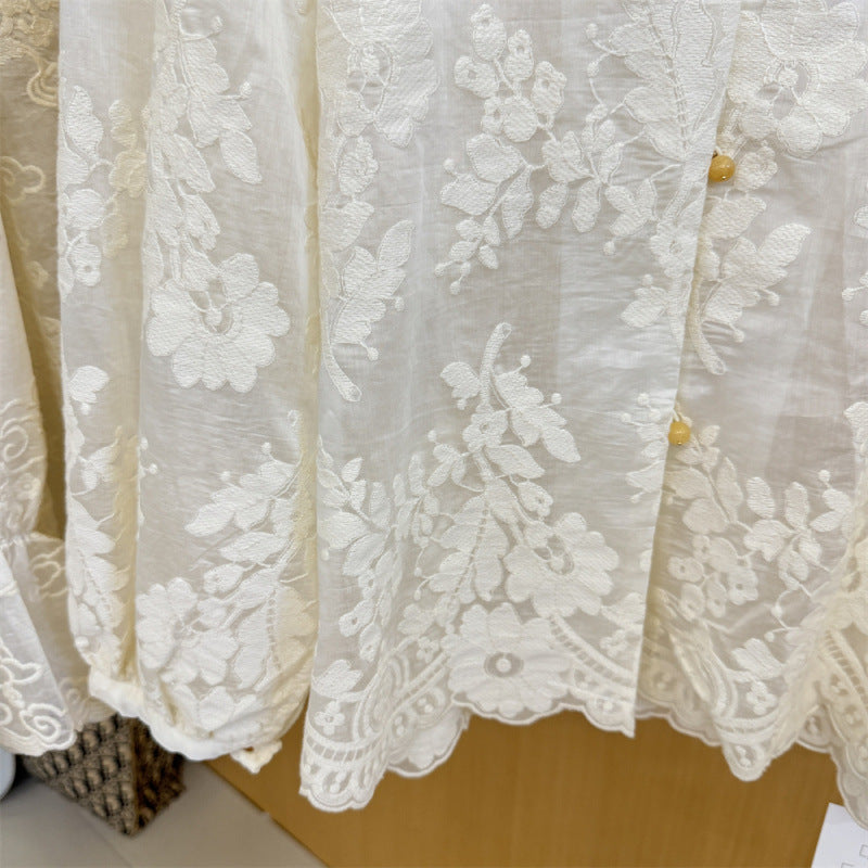 Guofeng button jacquard perspective long-sleeved shirt women's popular autumn new loose bubble sleeve lace shirt top