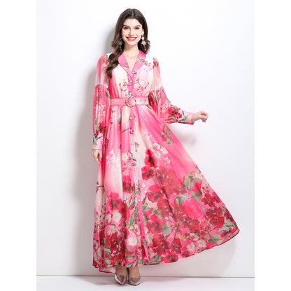 spring and summer new watercolor flower shirt-style long dress