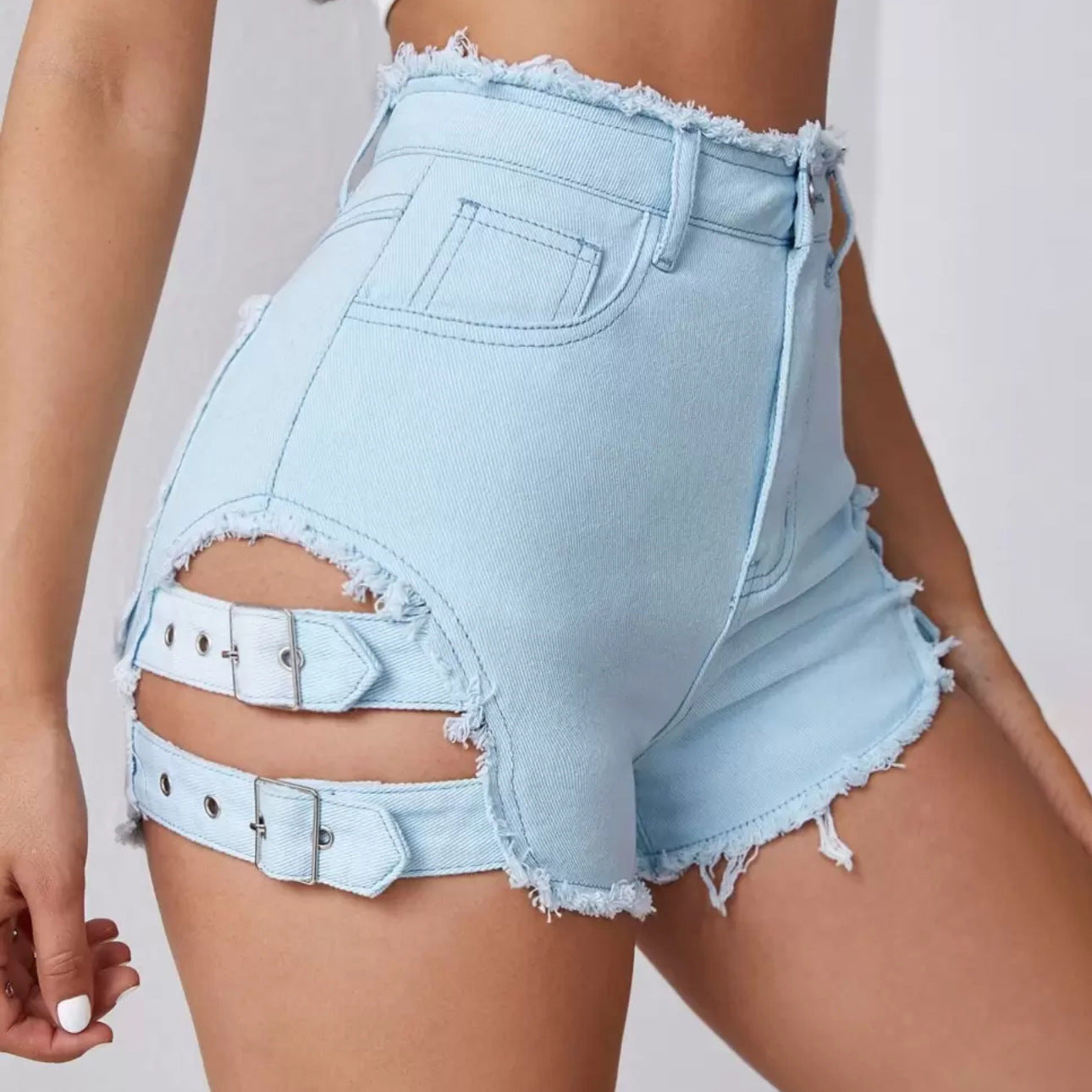 2025n summer trendy brand Spice Girl sexy retro rough edge hollow on both sides adjustable denim super shorts versatile hot pants