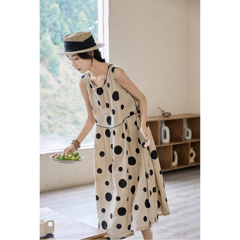 summer new large size loose long literary pendulum sleeveless temperament polka dot cotton and linen vest dress