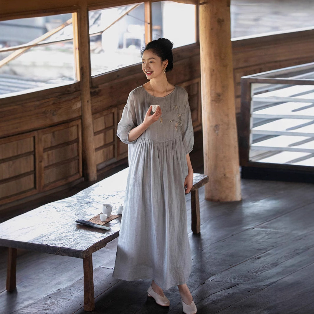 2025 spring and summer new product embroidery pure ramie gentle wind dress women's summer light and thin round neck loose long dress B0458