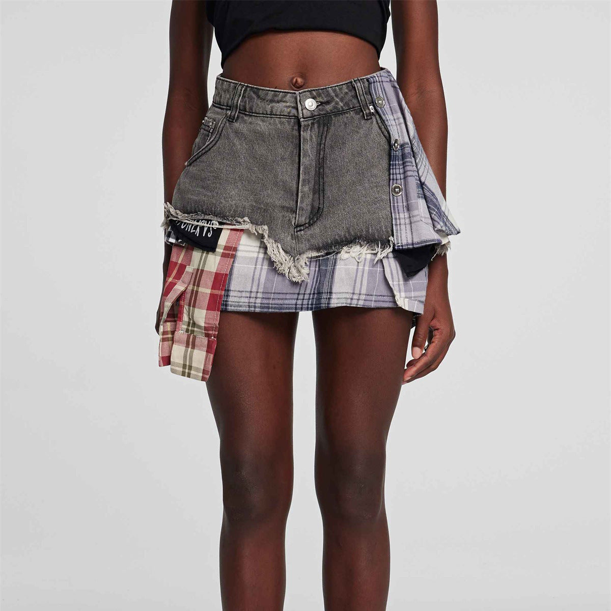 2025n trendy brand Spice Girl personalized style denim splicing plaid rough edge A-word skirt versatile design short skirt women