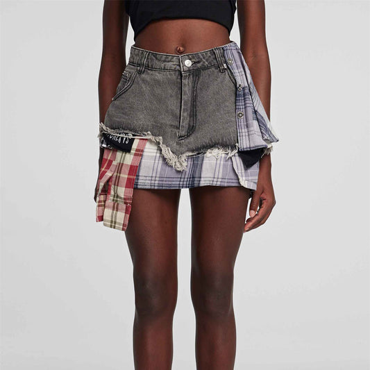 2025n trendy brand Spice Girl personalized style denim splicing plaid rough edge A-word skirt versatile design short skirt women