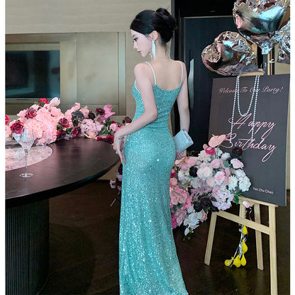 2025 Pure desire wind white inside with green sequined evening dress dress high sense slim sexy suspender dress dress dress dress