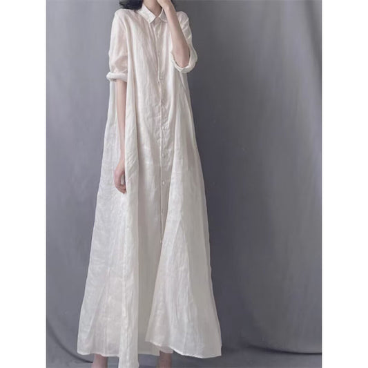 Solid color simple literary and retro loose large size temperament elegant temperament versatile lapel nine-quarter sleeve shirt dress