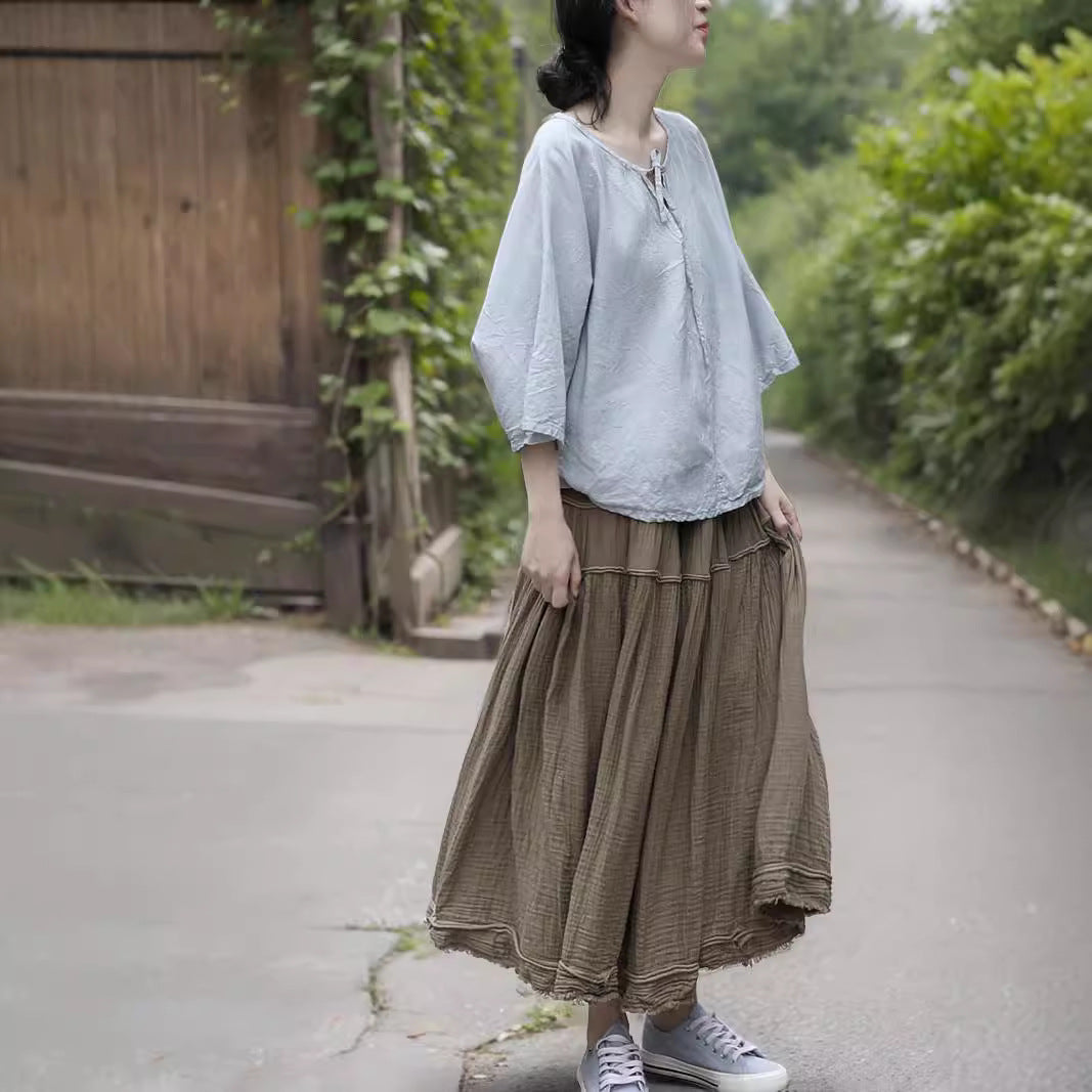 Shan Qian Nian One Four Seasons Literary and Skin-friendly Soft Retro Skirt Combed Textured Cotton Versatile Clip Skirt