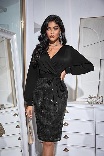 FLOWERSVERSE 2025New   Black Gold Double Spell Solid Color Temperament Commuter High Waist Fashion Sequin Dress