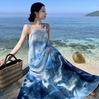 2025 New Chinese retro ink painting smudge suspender dress women's summer Chinese style temperament seaside vacation beach dress