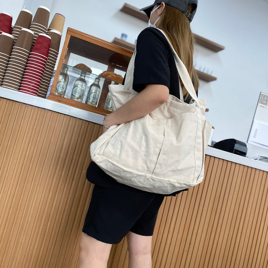 FLOWERSVERSE  Japanese and Korean Ins Large Capacity Solid Color Canvas Bag Women's Leisure Commute Shopping Bag Simple Portable Travel Shoulder Bag