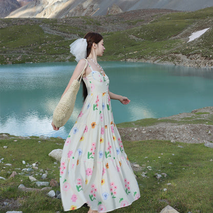 2025 Seaside vacation travel floral suspender dress super beautiful temperament waist long dress unique beautiful small skirt summer