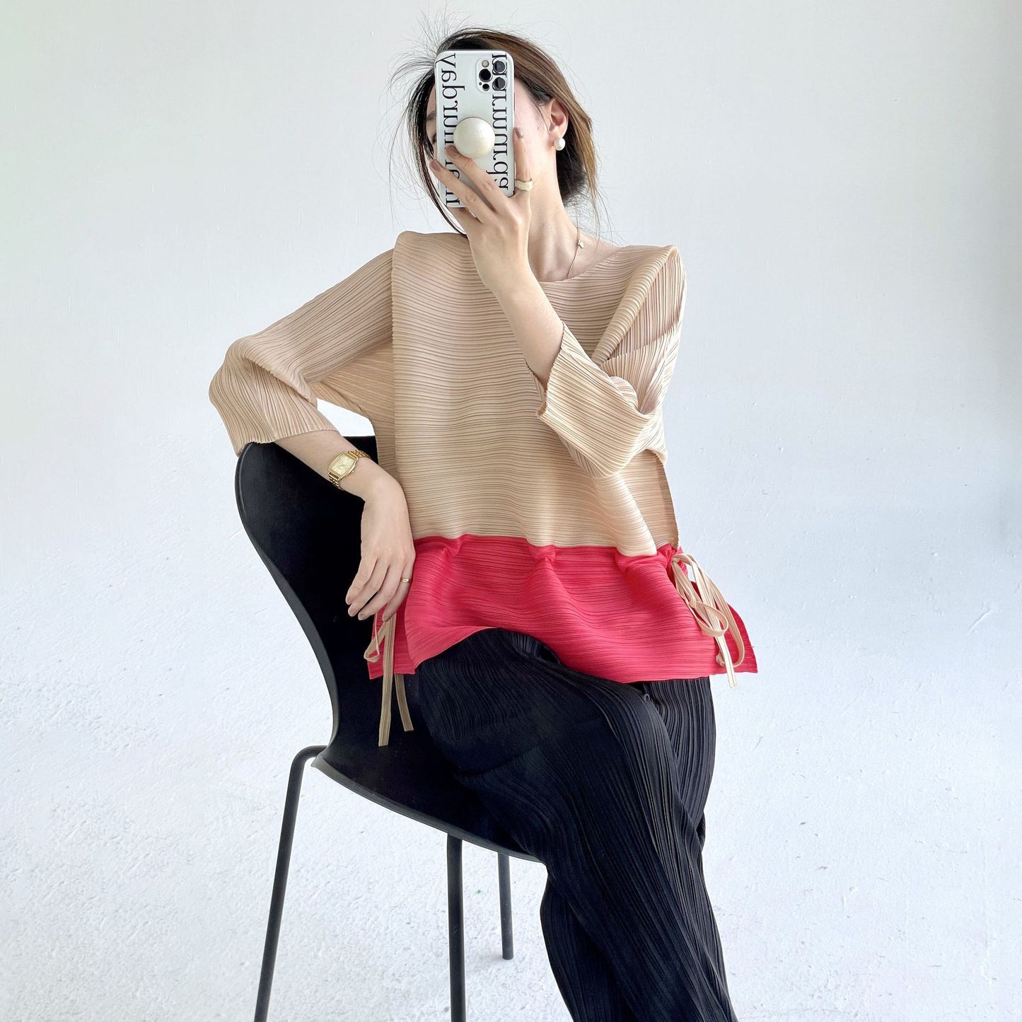 popular spring and summer new fashion color matching loose crew neck top femininity meat covering thin drawstring waist T-shirt