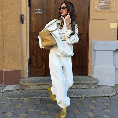 Popularan beautiful women's fashion letter medal embroidered sweater fashion sports and leisure two-piece set women's white simple trousers