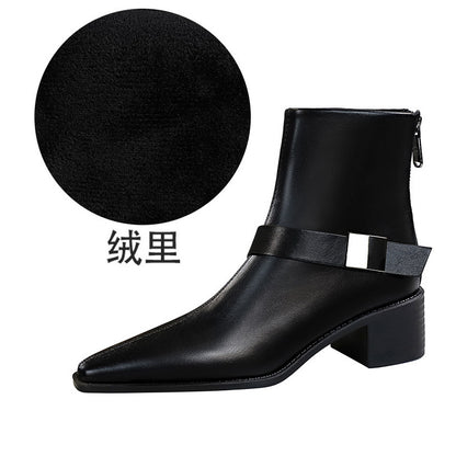 FLOWERSVERSE 2025 578-1 Retro style short knight boots thick heel medium heel belt buckle metal decorative pointed winter women's boots short boots