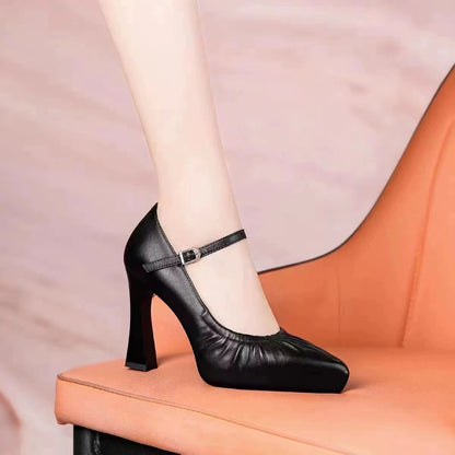 flowersverse  Spring and Autumn Single-Layer Shoes Cheongsam Model Catwalk Show Shoes Black High Heel Chunky Heel Buckle Pointed Toe Simple Shoes for Work