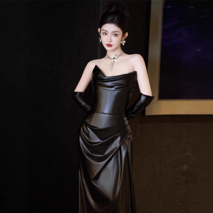 2025 Evening dress  new black leather skirt high-end light luxury niche wedding morning gown female bride toast dress spring