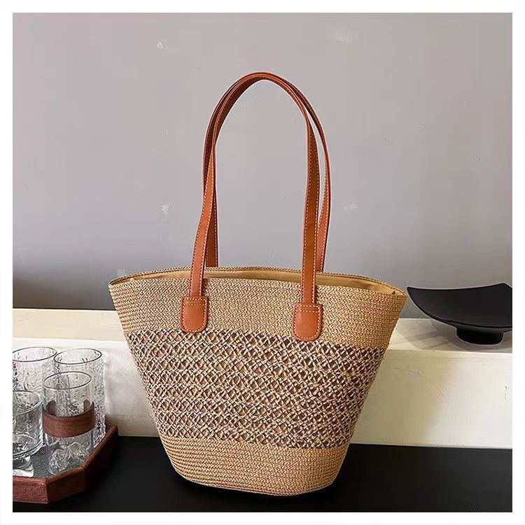 FLOWERSVERSE  Straw Bag Women's Summer Seaside Tote Bag Large Capacity Woven Shoulder Bag Rattan Woven Straw Bag Vegetable Basket Bucket Bag Fashion
