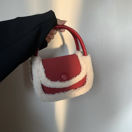 FLOWERSVERSE 2025 Autumn and winter niche design lamb wool splicing bag women's Christmas red small square bag crossbody wool saddle bag