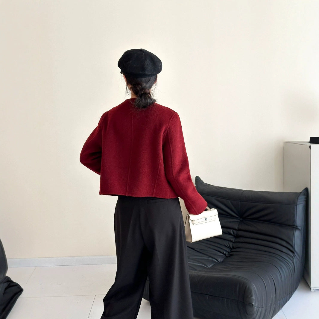 2025 Collarless zipper solid color small short high-end double-sided wool woolen coat jacket women's warm autumn and winter