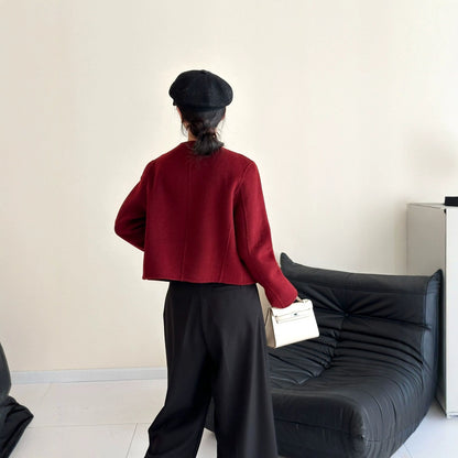 2025 Collarless zipper solid color small short high-end double-sided wool woolen coat jacket women's warm autumn and winter