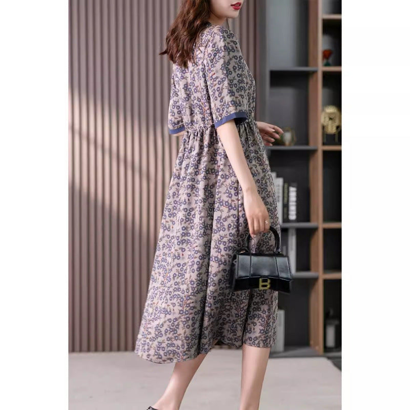 gentle wind print dress women's  summer new Korean version temperament lace-up thin floral dress