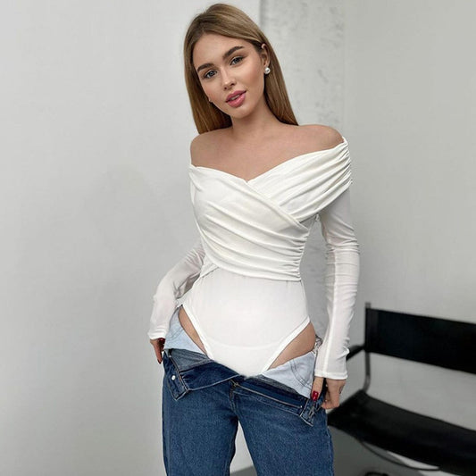New women's clothing, sexy Spice Girls slim-fit top, solid color fashion V-neck off-the-shoulder splicing long-sleeved jumpsuit