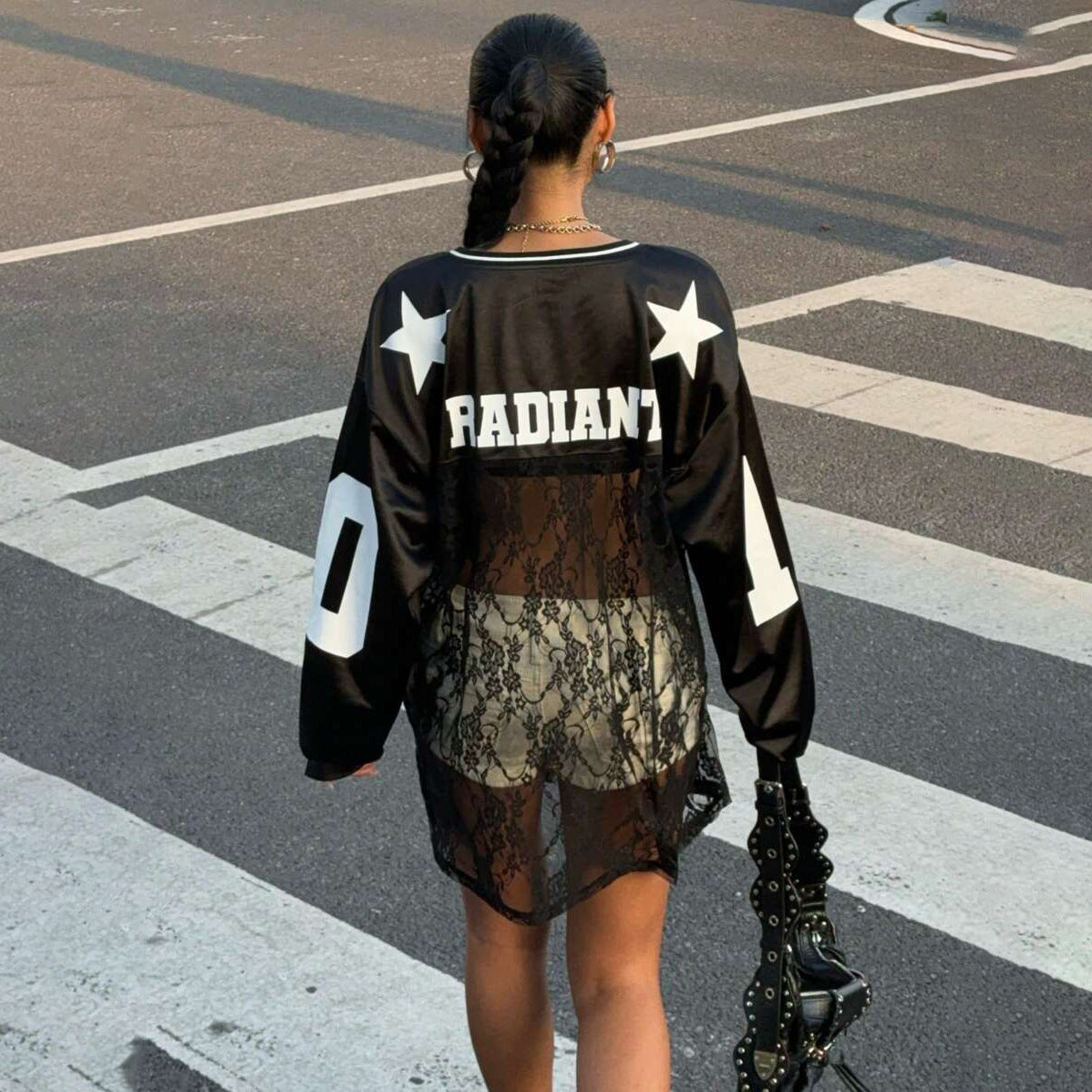 Street style Spice Girl fashion lace splicing contrasting color collar pullover sweater women's loose perspective design sense printed top