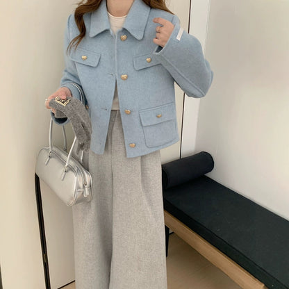 2025 Xiaoxiangfeng solid color lapel single-breasted short double-sided wool coat woolen jacket high-end women's metal buttons