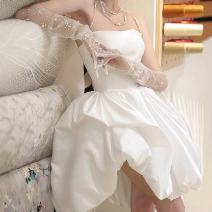 2025 Light wedding dress white tube top short silk and satin  spring new travel photography daily niche high-end party dress