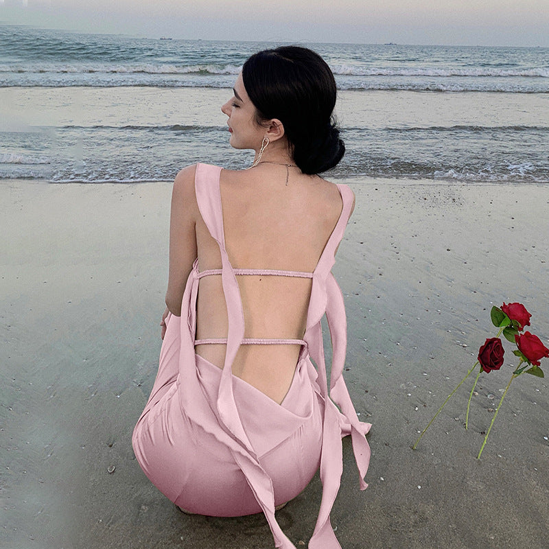 2025 Pure lust sexy swinging collar pink backless streamer dress bridal bridesmaid dress dressing gown toast dress suspender dress