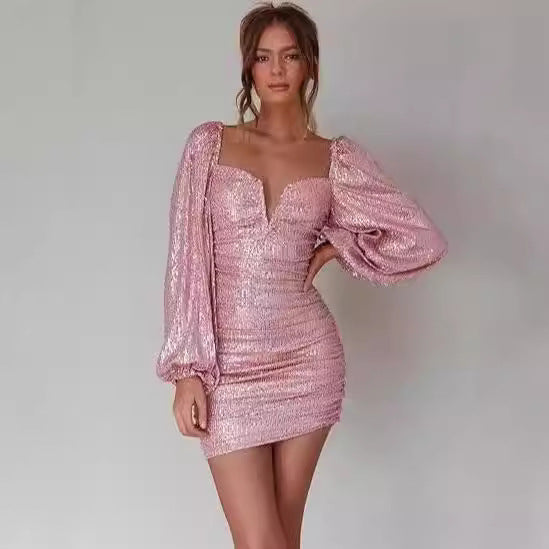 FLOWERSVERSE 2025New New Sequin Mini Wrap Dress Women's V-Neck Long Sleeve Bubble Sleeve Glitter Wrap Party Dress