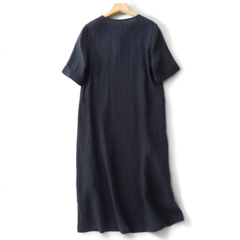 spring and summer new cotton and linen temperament V-neck loose and thin versatile commuter dress large size robe casual women